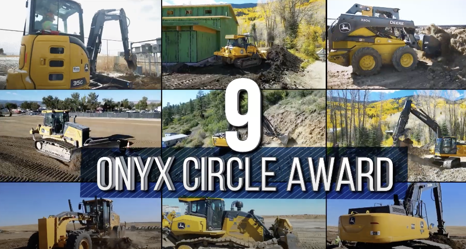 A graphic featuring nine different images of John Deere construction equipment, with the text "9 Onyx Circle Award"